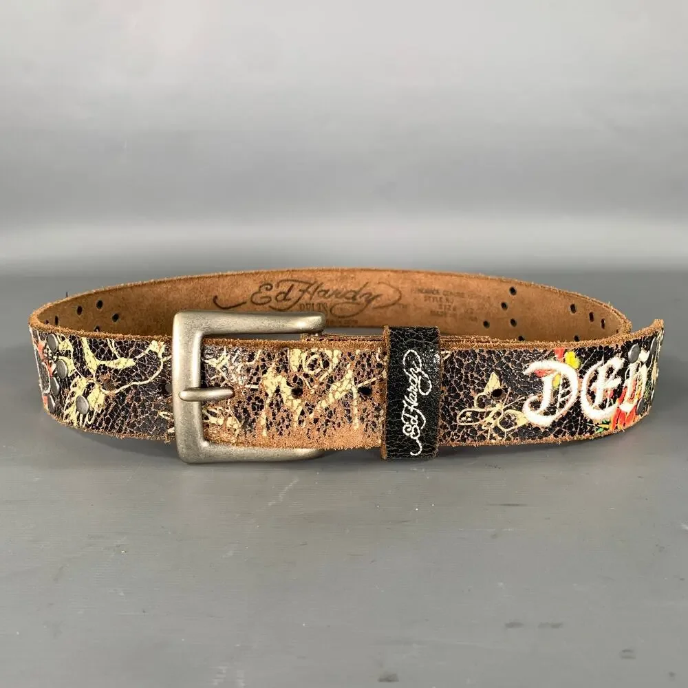 ED HARDY Size XS Black White Floral Leather Belt
